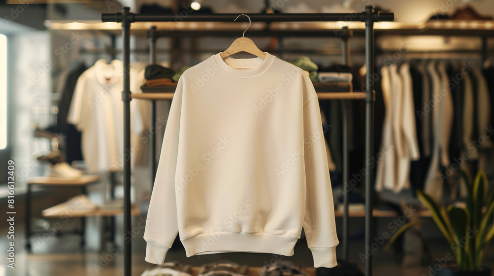 Blank Ivory Sweatshirt Hanging on Hanger in Stylish Interior. A stylish photograph of a blank ivory sweatshirt hanging on a wooden hanger in a modern interior setting Blank Ivory Sweatshirt Hanging on Hanger in Stylish Interior. A stylish photograph of a blank ivory sweatshirt hanging on a wooden hanger in a modern interior setting