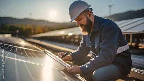 Professional engineer with checking installing solar panels on factory roof photo