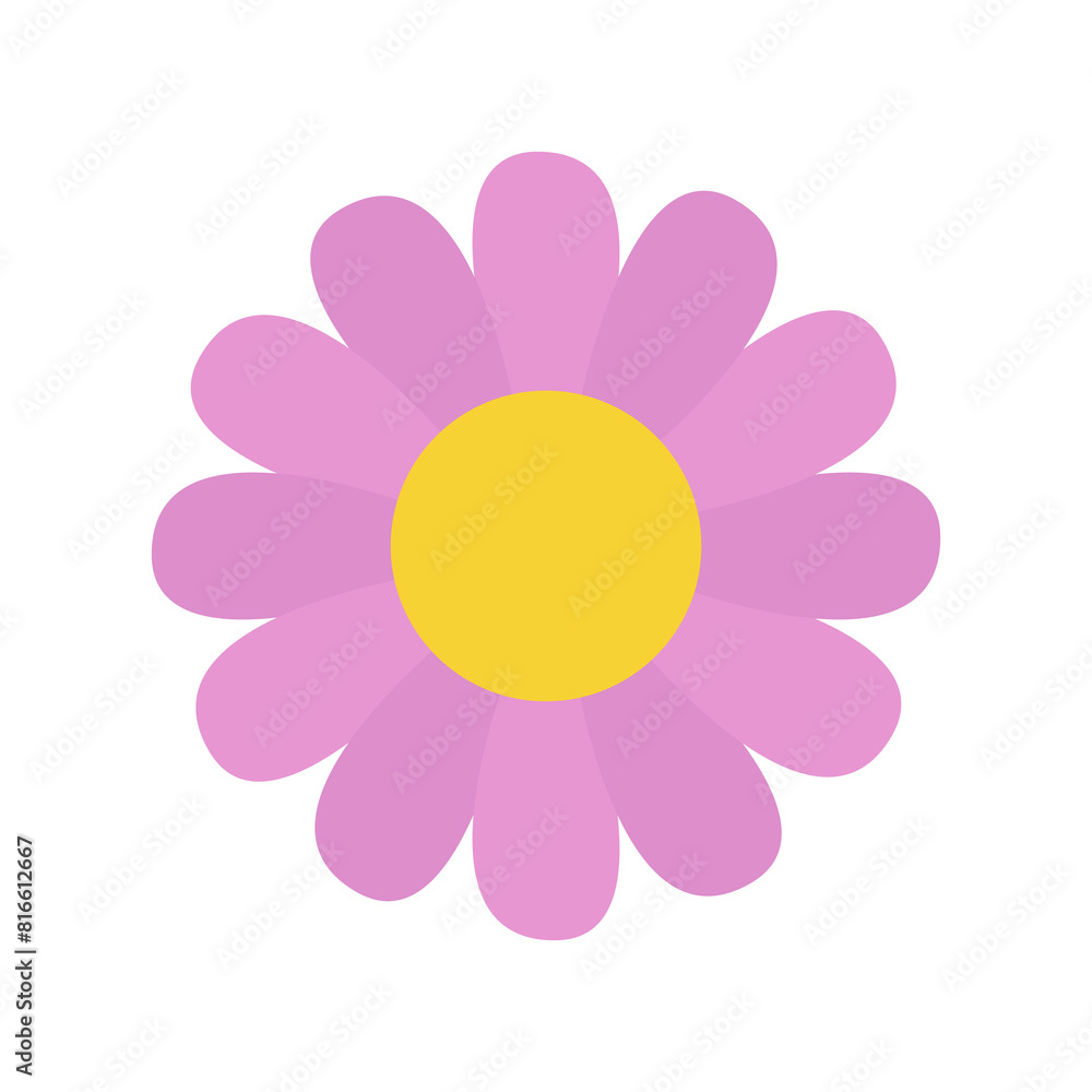 Cute purple yellow flower Daisy camomile. Love card symbol. Chamomile icon. Simple flat design. Growing concept. Round flowers head plant collection. Childish style. Isolated. White background. Vector