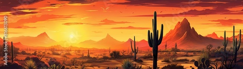 Desert landscape with giant cactus plants under setting sun photo