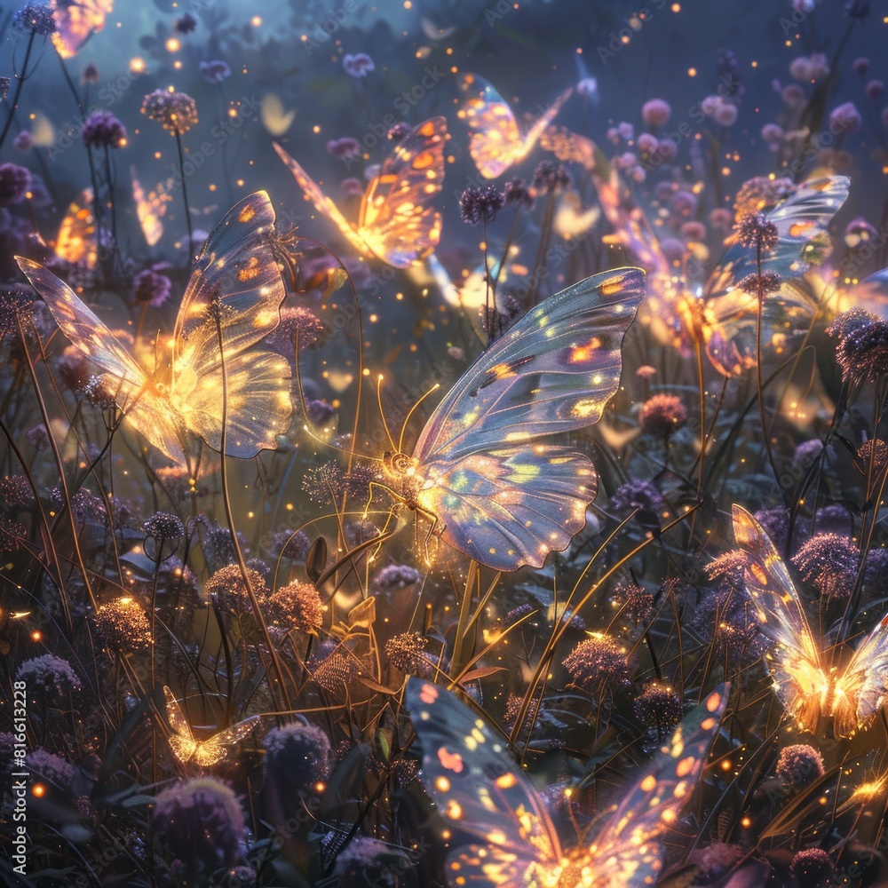 A meadow where giant, luminescent butterflies create patterns in the air.