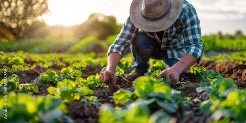 A farmer using organic methods to fertilize vegetable plots.