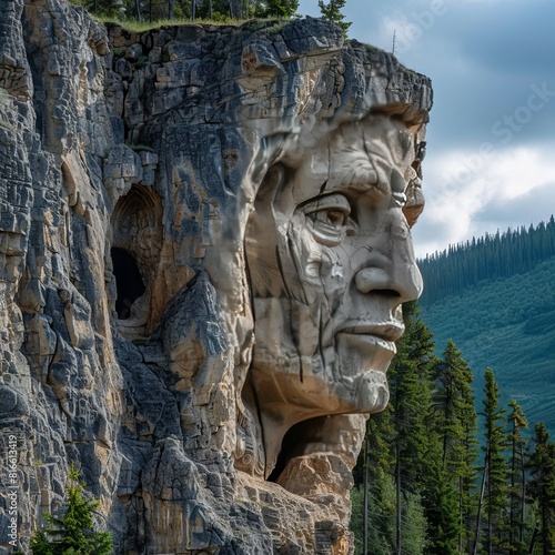 A mountain with a face carved into it that changes expressions. © Pakasit