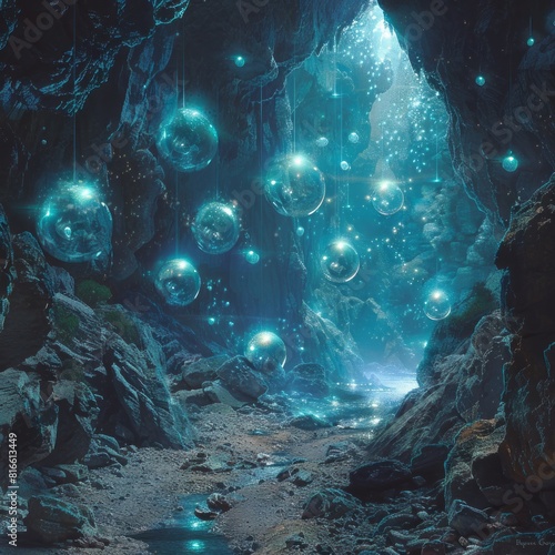 A mysterious cave filled with floating  glowing orbs.