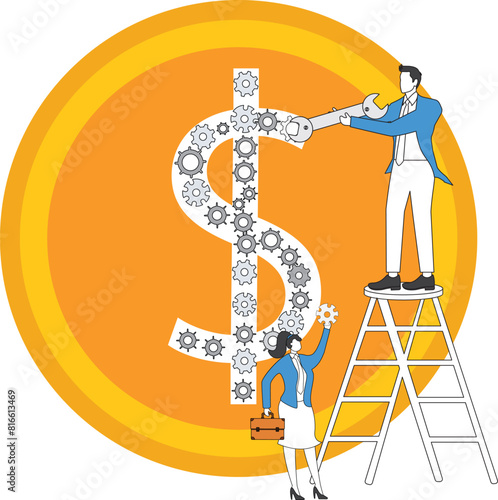 Money At Work with team, Cryptocurrency Trading Bot flat illustration concept