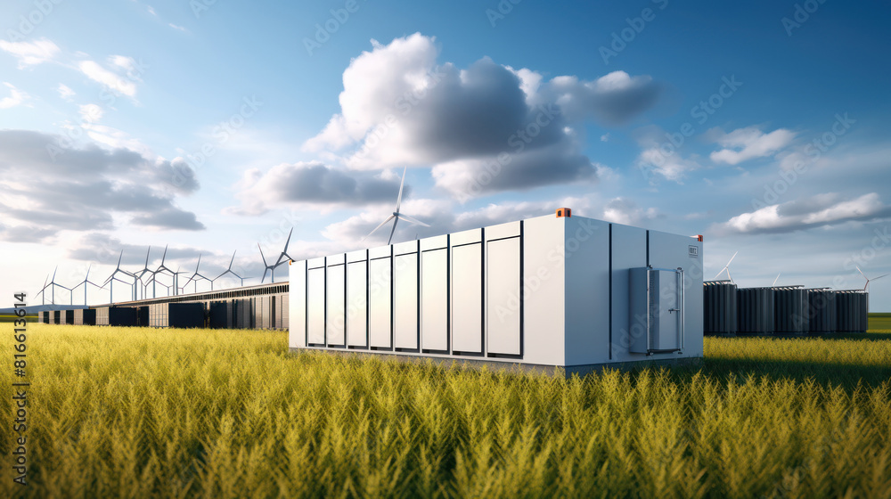 Concept of Modern energy storage batteries system, wind power, wind turbines and Li-ion battery container, and solar panels in the background. Panoramic view with copy space. Concept of Modern energy storage batteries system, wind power, wind turbines and Li-ion battery container, and solar panels in the background. Panoramic view with copy space.