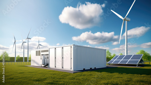 Concept of Modern energy storage batteries system, wind power, wind turbines and Li-ion battery container, and solar panels in the background. Panoramic view with copy space. © inthasone