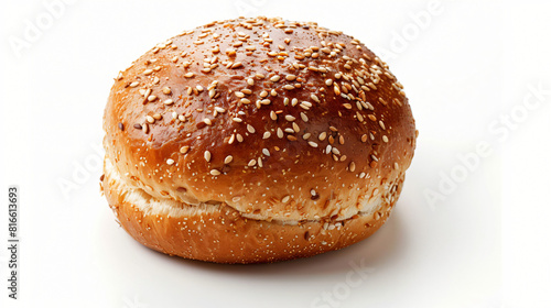 Fresh whole grain bun with seeds on white background -
