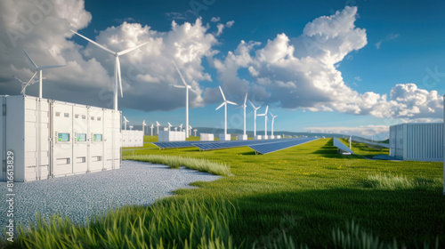 Concept of energy storage batteries system, wind power, wind turbines and Li-ion battery container, and solar panels in the background. Panoramic view with copy space.