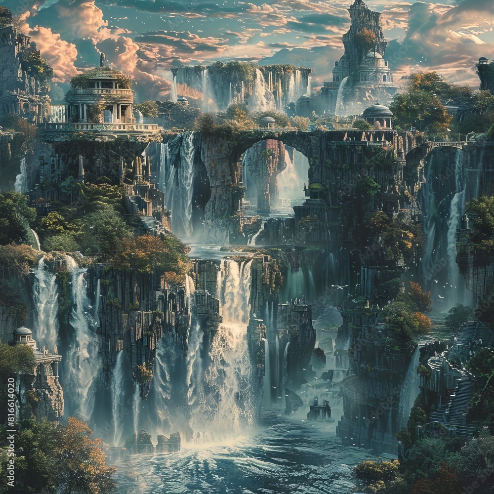 A surreal landscape where gravity is reversed, with waterfalls flowing upwards. A surreal landscape where gravity is reversed, with waterfalls flowing upwards.