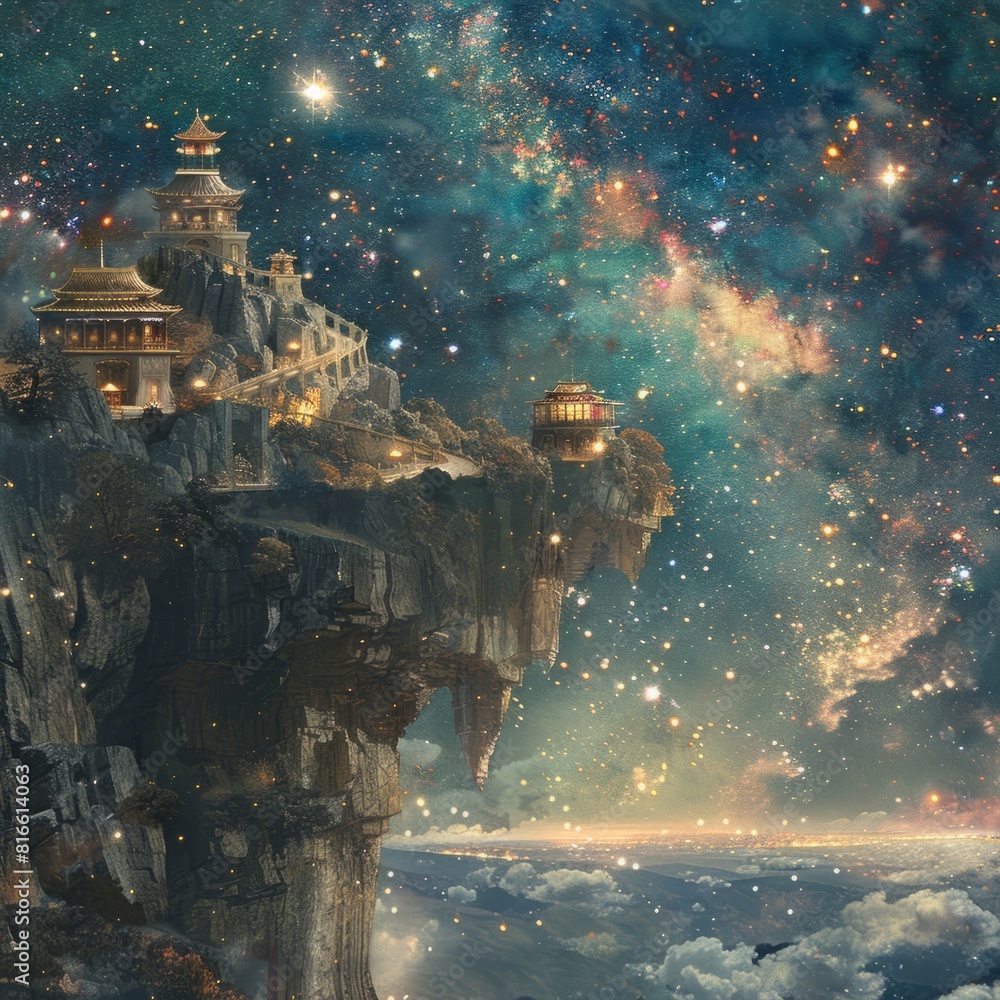 A temple at the edge of a cliff overlooking a sea of stars.