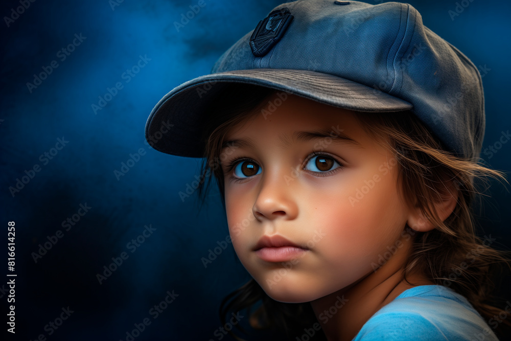 photograph of a boy with baseball cap on pure blue background. baseball sport concept photograph of a boy with baseball cap on pure blue background. baseball sport concept