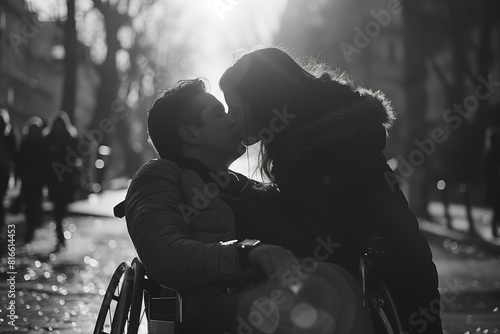 A woman passionately kisses her boyfriend, who is seated in a wheelchair, in the middle of the street. Symbolizes love, inclusivity, and breaking barriers
