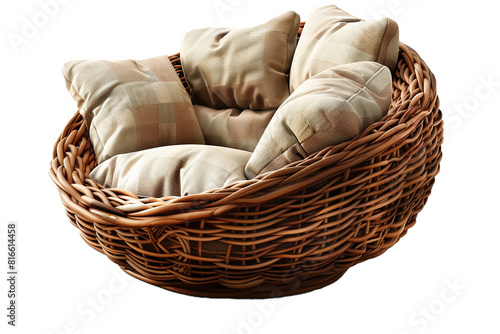 A cozy and inviting wicker chair with plush cushions, perfect for a sunroom or patio, isolated on transparent background, png file,