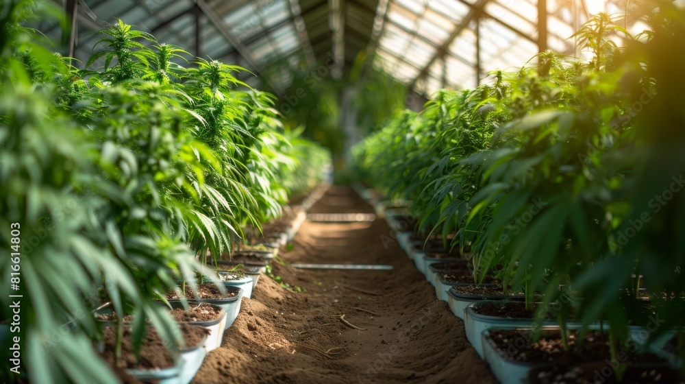 A greenhouse filled with lush, green cannabis plants in neat rows A greenhouse filled with lush, green cannabis plants in neat rows