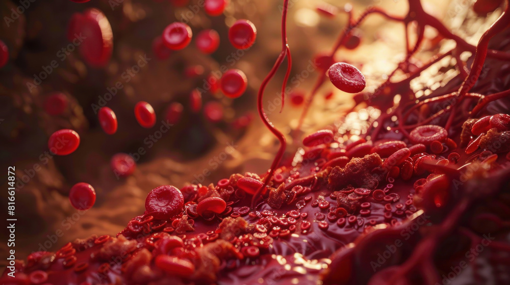 Red blood cells travel through a blood vessel in a 3D image. Red blood cells travel through a blood vessel in a 3D image.