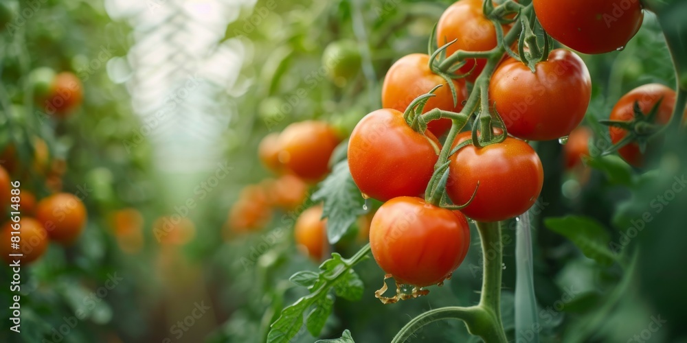 A greenhouse full of organic tomatoes, highlighting sustainable watering techniques.