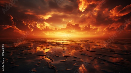 Fiery red and orange sky over dark ocean