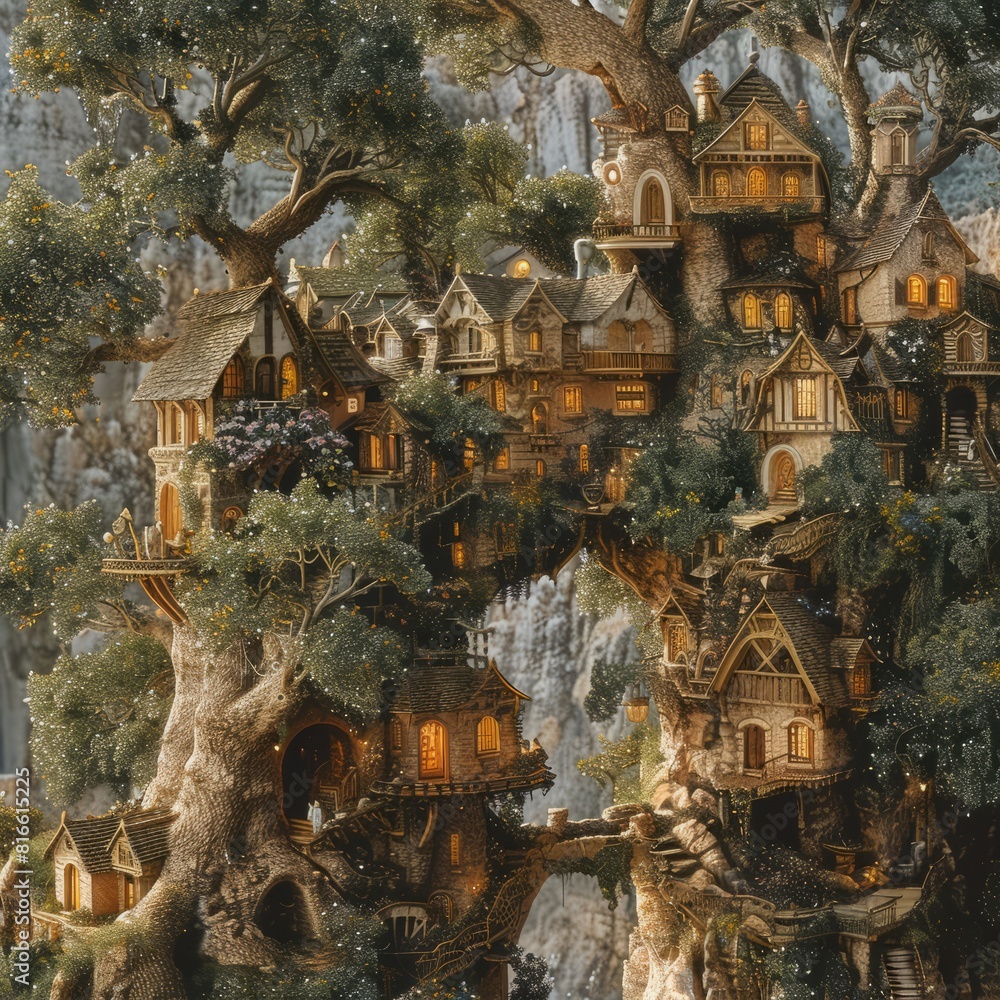 Fototapeta premium A city built entirely on the branches of a massive, ancient tree. --stylize 250 Job ID: d04de38f-99b3-4406-bcac-3b4af57674d1