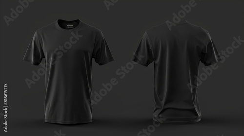 This image displays a black t-shirt mockup with both the front and back views isolated on a dark background, suitable for design presentations