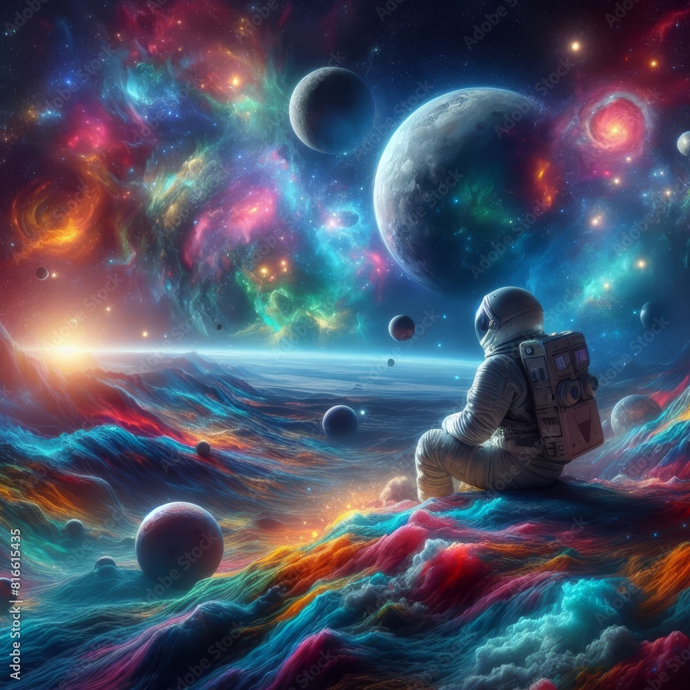 An astronaut sits contemplating on a vibrant, multi-colored cosmic landscape with distant planets and stars.. AI Generation An astronaut sits contemplating on a vibrant, multi-colored cosmic landscape with distant planets and stars.. AI Generation