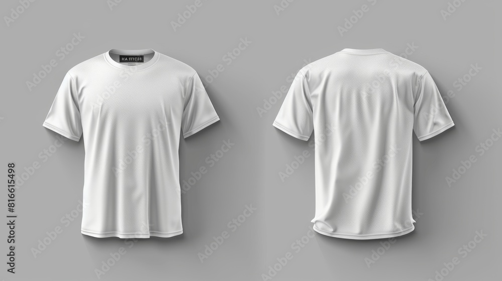 Two mockup images of a blank white t-shirt viewed from the front and back, set against a neutral gray background perfect for design templates Two mockup images of a blank white t-shirt viewed from the front and back, set against a neutral gray background perfect for design templates