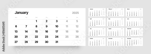 Monthly calendar template for 2025 year. Quarterly calendar in a minimalist style. Week Starts on Monday. 