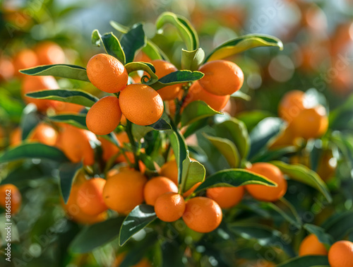 Fotografía Kumquat branch completely covered with ripe kumquat fruits close up