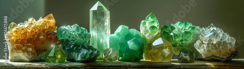 Various gemstones including jade, emerald, peridot showcased, each glistening with natural beauty