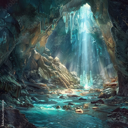 A crystal cavern with a river of liquid light flowing through it.