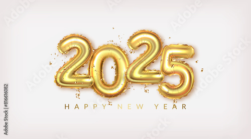 Happy New Year 2025 greeting card. Golden realistic balloon numbers 2025 with shadow.	