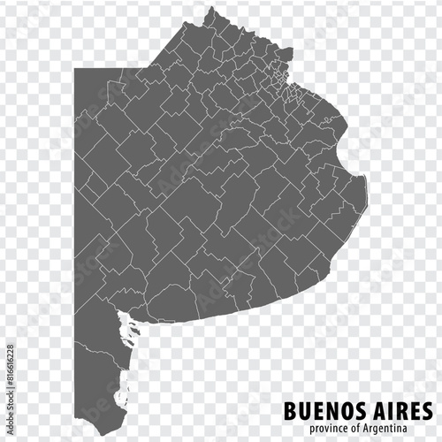 Blank map Buenos Aires Province of Argentina. High quality map Province of Buenos Aires with districts on transparent background for your web site design, logo, app, UI. Argentine Republic.  EPS10.
