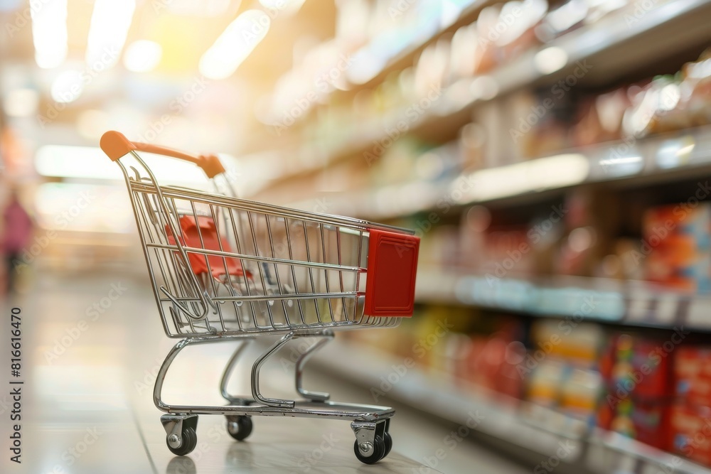 Grocery cart against the background of self-service store and supermarket shelves. Concept: purchasing products and selecting ingredients, social goods Grocery cart against the background of self-service store and supermarket shelves. Concept: purchasing products and selecting ingredients, social goods