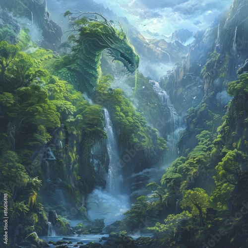 A dragon made of water cascading through a lush valley. 