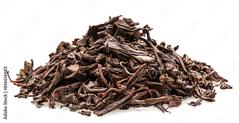 Heap of dried tea leaves isolated on white background. Closeup. Heap of dried tea leaves isolated on white background. Closeup.