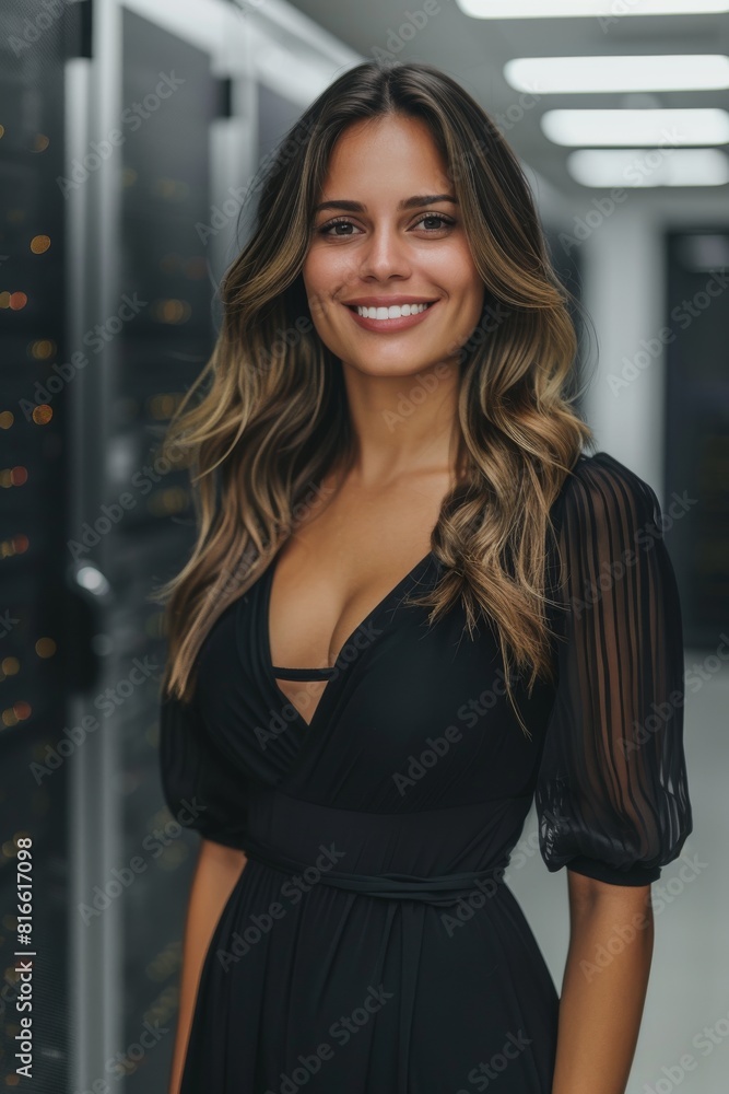 A woman in a black dress standing in front of a server in an IT environment A woman in a black dress standing in front of a server in an IT environment