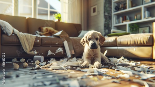 Adorable Puppy Amidst Playful Chaos in Sunlit Living Room
