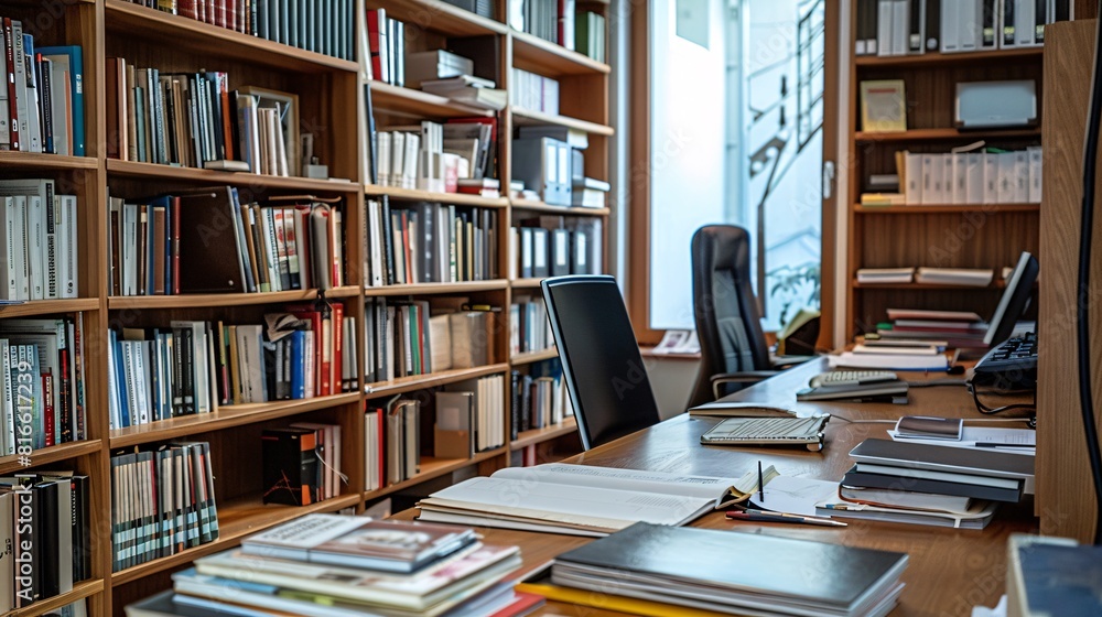 A cluttered desk with numerous books stacked on top, creating a busy and scholarly atmosphere A cluttered desk with numerous books stacked on top, creating a busy and scholarly atmosphere
