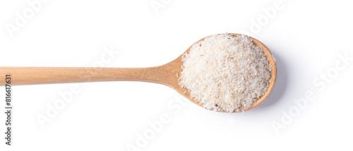 Psyllium husk in wood spoon isolated on white background, top view