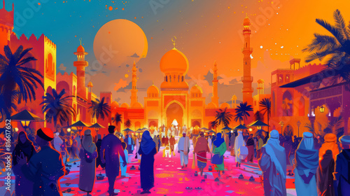 Animated digital art of Eid traditions and symbols, vibrant depiction of cultural celebration photo