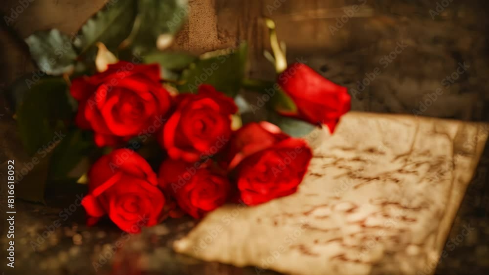 A bunch of red roses placed on top of a piece of paper, possibly a love letter, A bouquet of red roses with a love letter attached A bunch of red roses placed on top of a piece of paper, possibly a love letter, A bouquet of red roses with a love letter attached