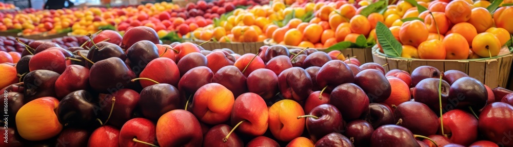 Fresh and organic fruits and vegetables at a local farmer's market Fresh and organic fruits and vegetables at a local farmer's market