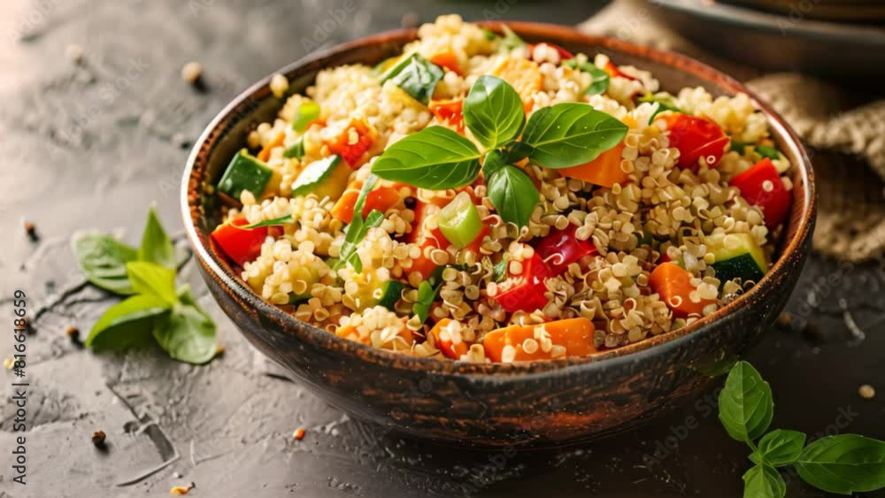 A bowl filled with rice and assorted vegetables sitting on a wooden table, A bowl of quinoa mixed with vegetables and herbs A bowl filled with rice and assorted vegetables sitting on a wooden table, A bowl of quinoa mixed with vegetables and herbs