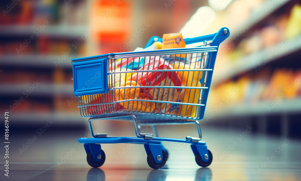 custom made wallpaper toronto digitalGrocery cart against the background of self-service store and supermarket shelves. Concept: purchasing products and selecting ingredients, social goods