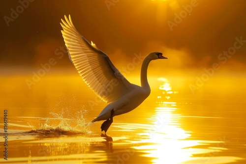 A graceful swan taking flight, its delicate wings outstretched against the backdrop of a golden sunset