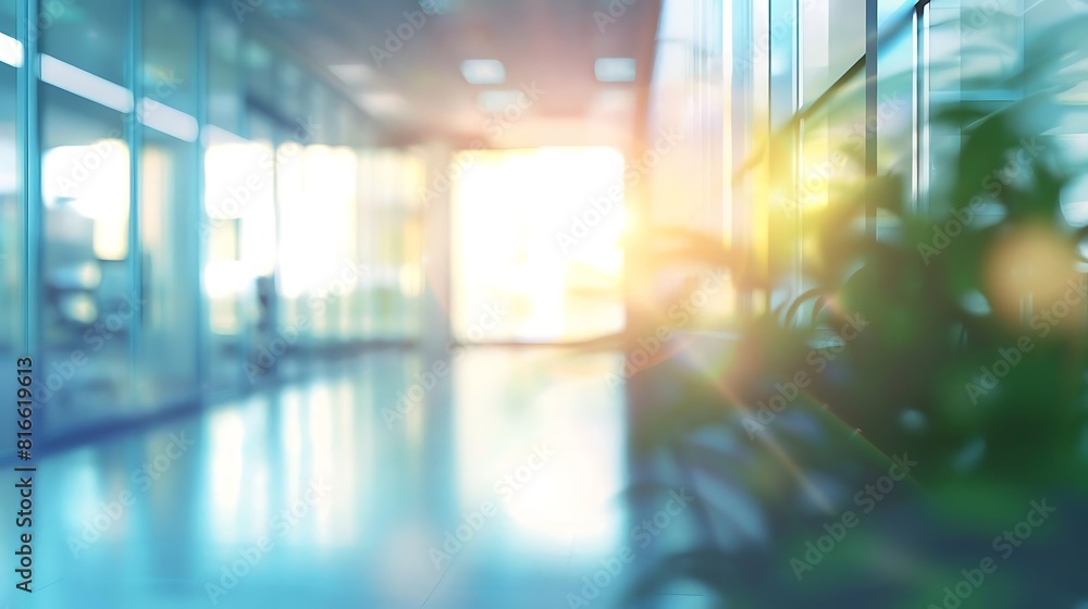 Abstract blurred background of modern empty office with glass walls and bright sunlight Abstract blurred background of modern empty office with glass walls and bright sunlight
