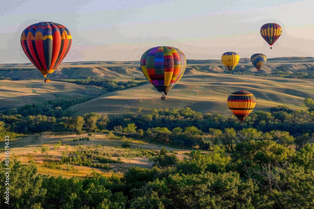 Fototapeta premium A group of colorful hot air balloons floating peacefully over rolling countryside