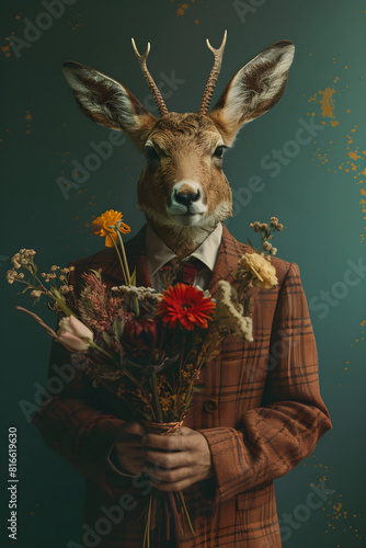 Portrait of anthropomorphic hyperrealistic deer  holding bouquet of flowers on minimalistic green background. Concept.