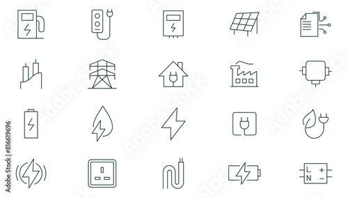 Electricity, electrical energy line icons set. Electricity, electric power line, light, light bulb and electrical equipment outline icon collection. Thin outline icons pack