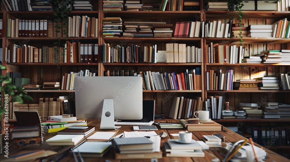 Numerous books are stacked and scattered across a desk, creating a cluttered yet organized workspace Numerous books are stacked and scattered across a desk, creating a cluttered yet organized workspace
